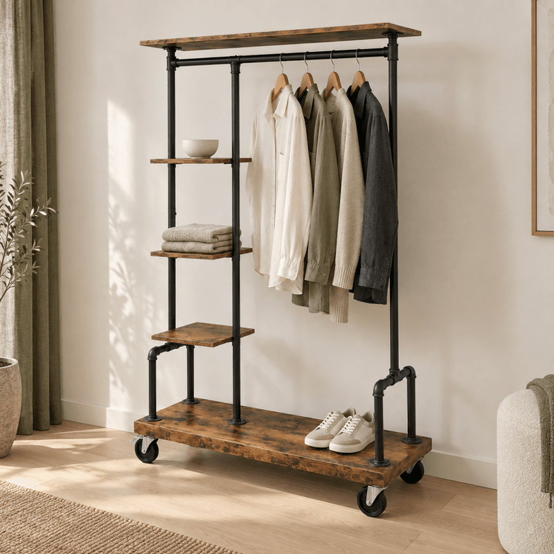 Premium Stahl Kleiderständer 90kg – Adam - mit Holzablagen & Rollen - nestful