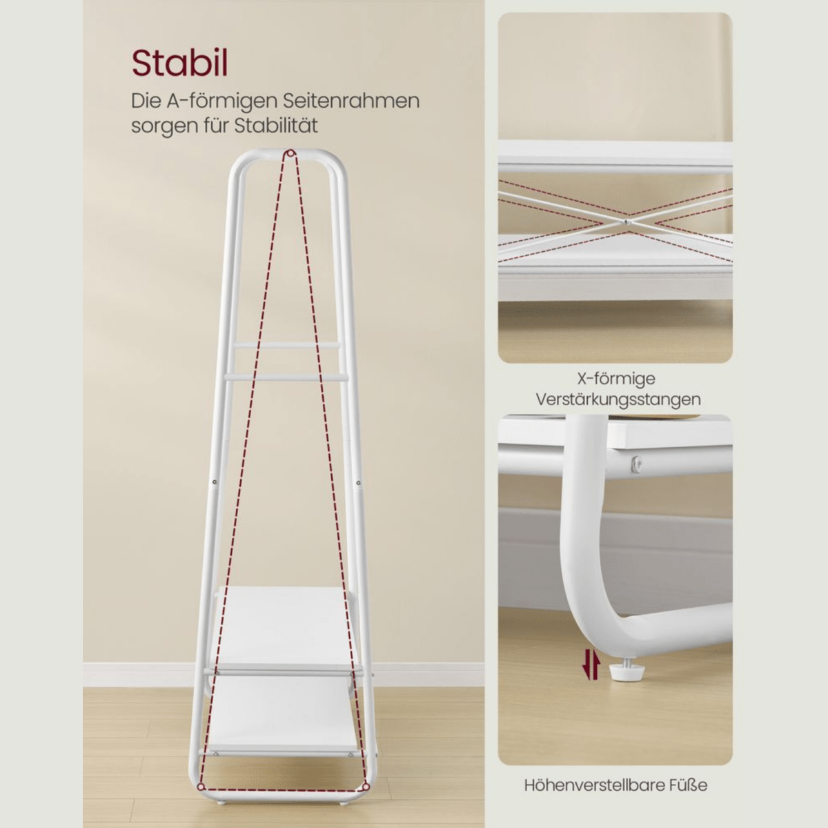Premium Stahl Kleiderständer 130kg – Michael - Stehend mit 2 Holzablagen - nestful
