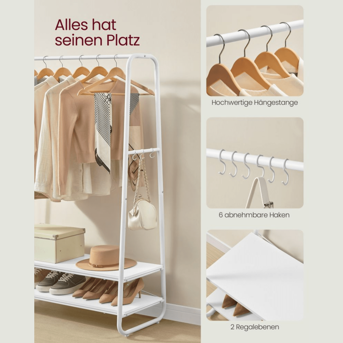 Premium Stahl Kleiderständer 130kg – Michael - Stehend mit 2 Holzablagen - nestful