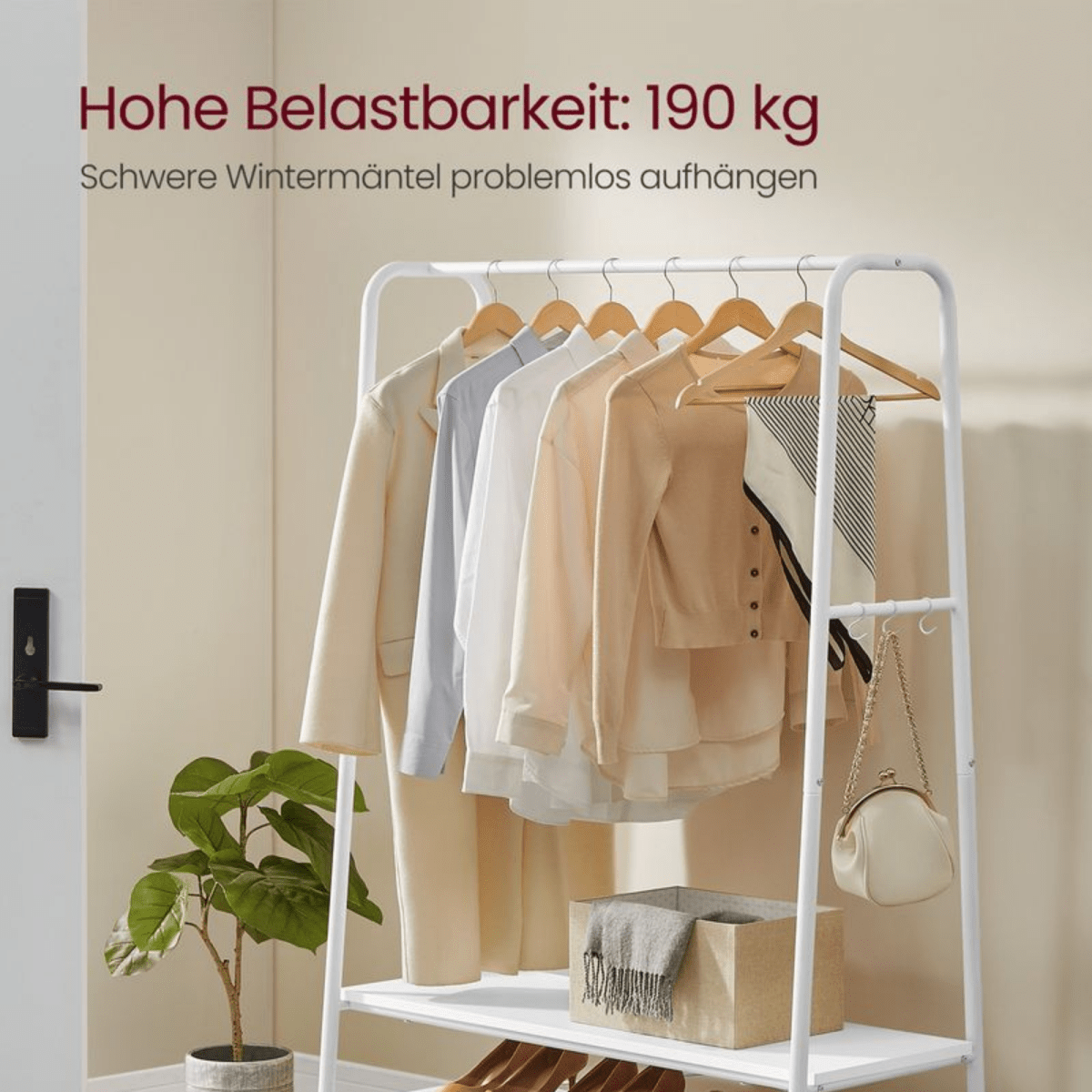 Premium Stahl Kleiderständer 130kg – Michael - Stehend mit 2 Holzablagen - nestful
