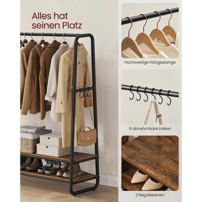 Premium Stahl Kleiderständer 200kg – Jonas - Stehend mit 2 Holzablagen - nestful