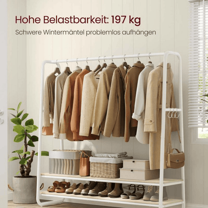 Premium Stahl Kleiderständer 200kg – Jonas - Stehend mit 2 Holzablagen - nestful