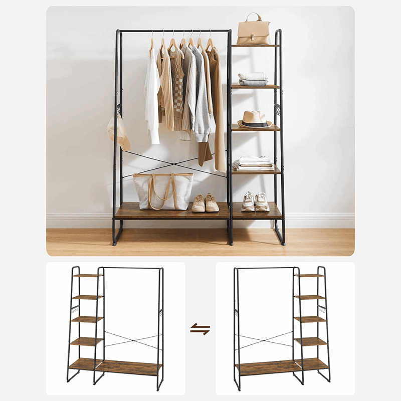 Premium Stahl Kleiderständer 220kg – Daniel - Stehend mit 6 Holzablagen - nestful