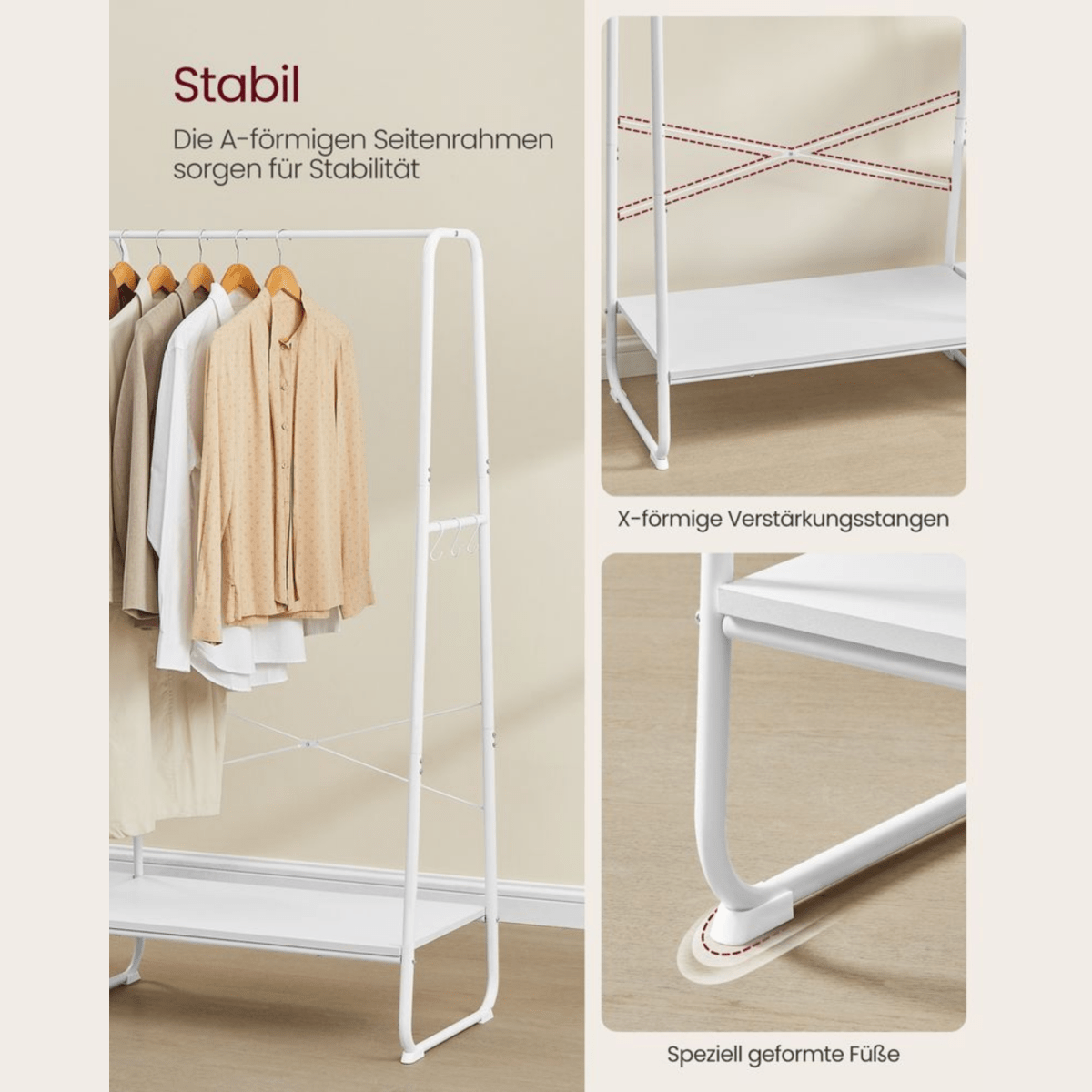 Premium Stahl Kleiderständer 220kg – Daniel - Stehend mit 6 Holzablagen - nestful