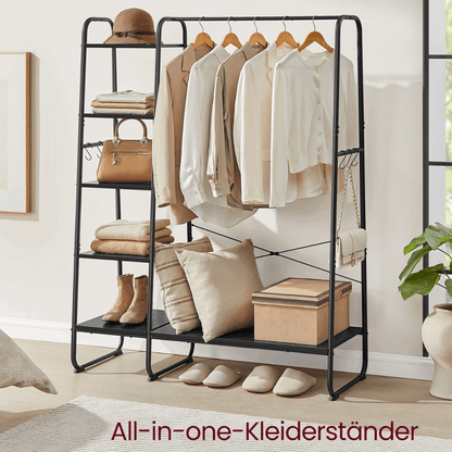 Premium Stahl Kleiderständer 220kg – Daniel - Stehend mit 6 Holzablagen - nestful
