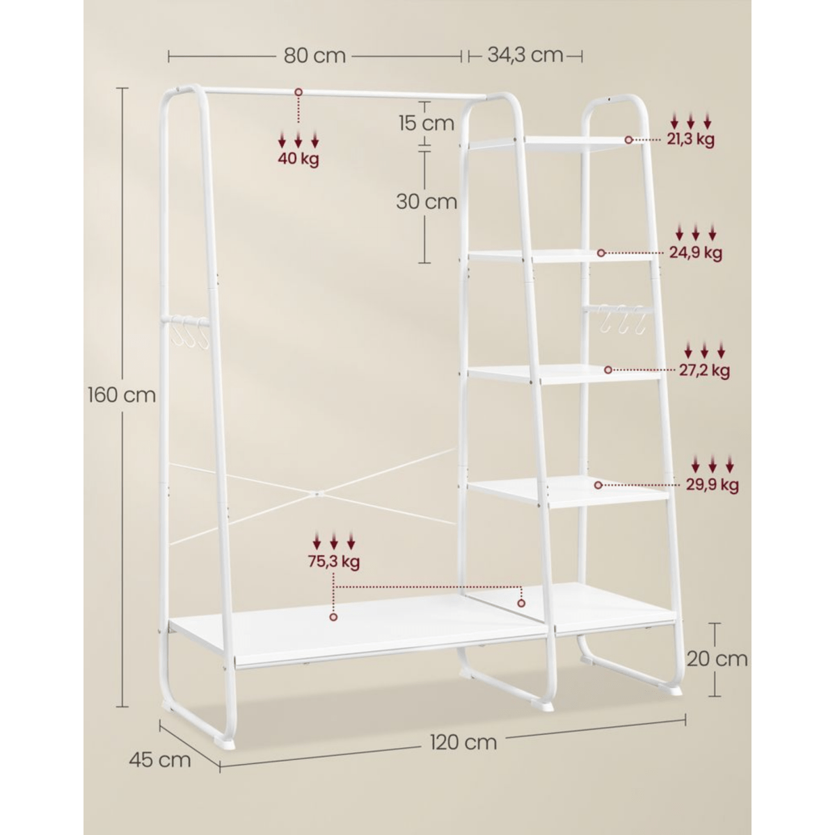 Premium Stahl Kleiderständer 220kg – Daniel - Stehend mit 6 Holzablagen - nestful