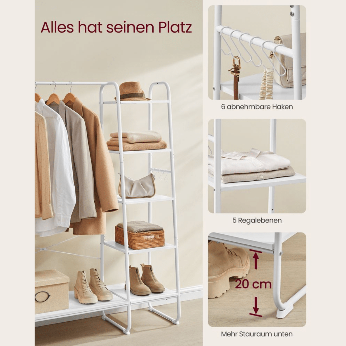 Premium Stahl Kleiderständer 220kg – Daniel - Stehend mit 6 Holzablagen - nestful
