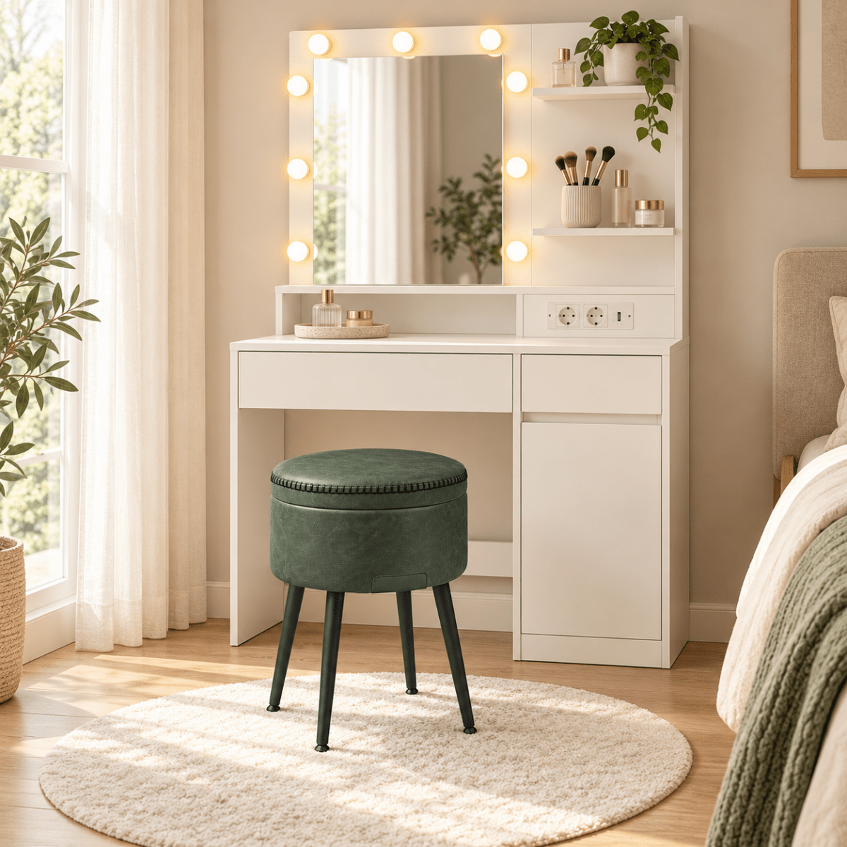 Schminkhocker Daphne – mit Stauraum und Wendedeckel - nestful