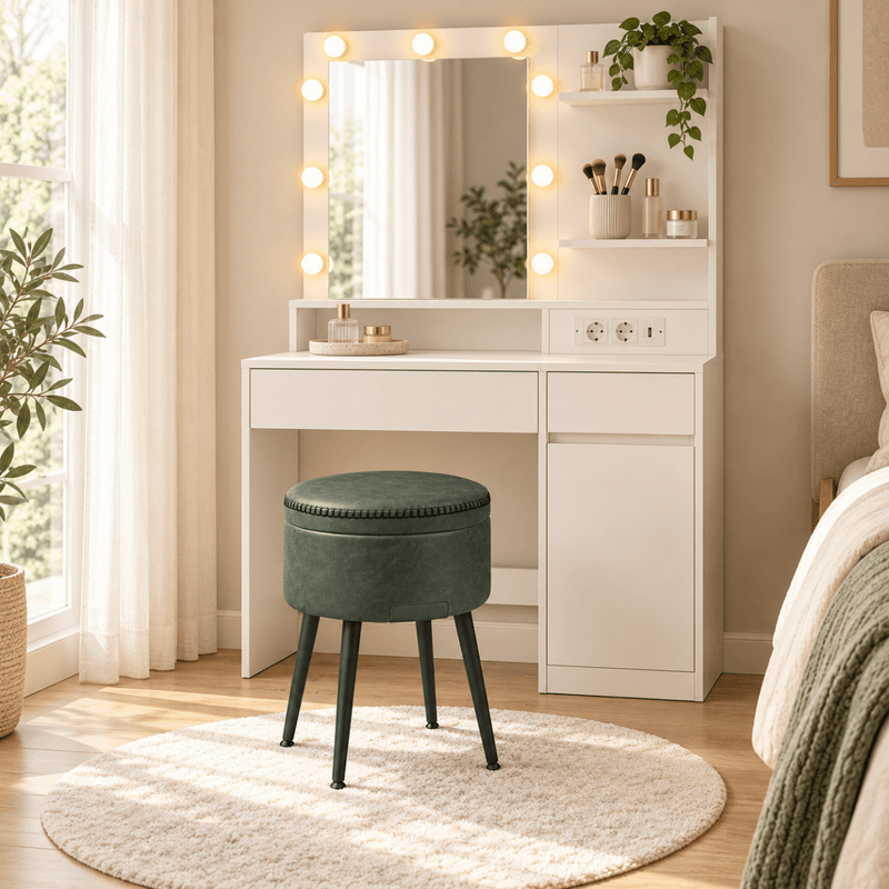 Schminkhocker Daphne – mit Stauraum und Wendedeckel - nestful