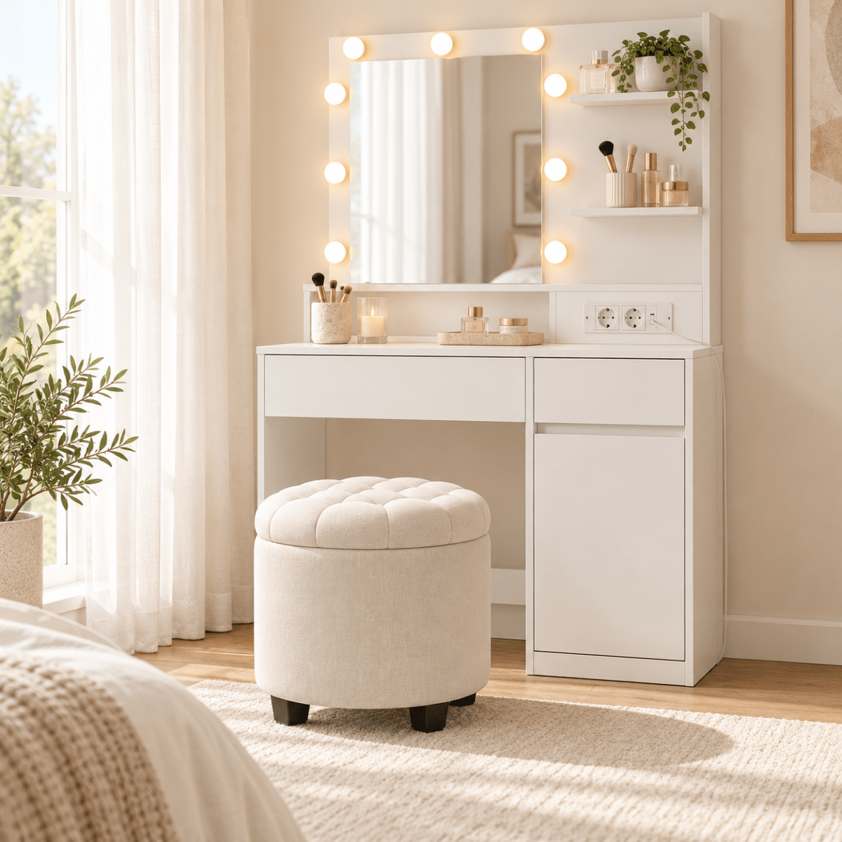 Schminkhocker Estelle – mit Stauraum und Stoffbezug - nestful