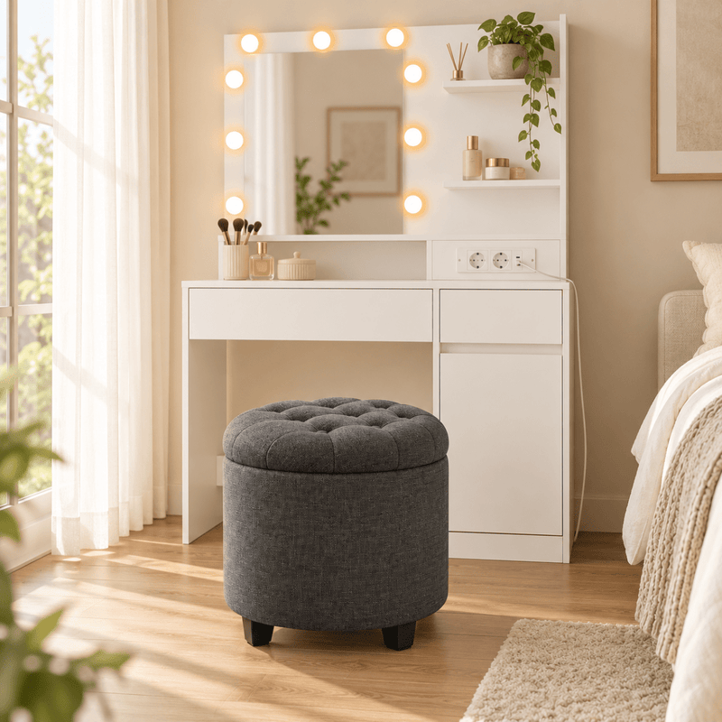 Schminkhocker Estelle – mit Stauraum und Stoffbezug - nestful