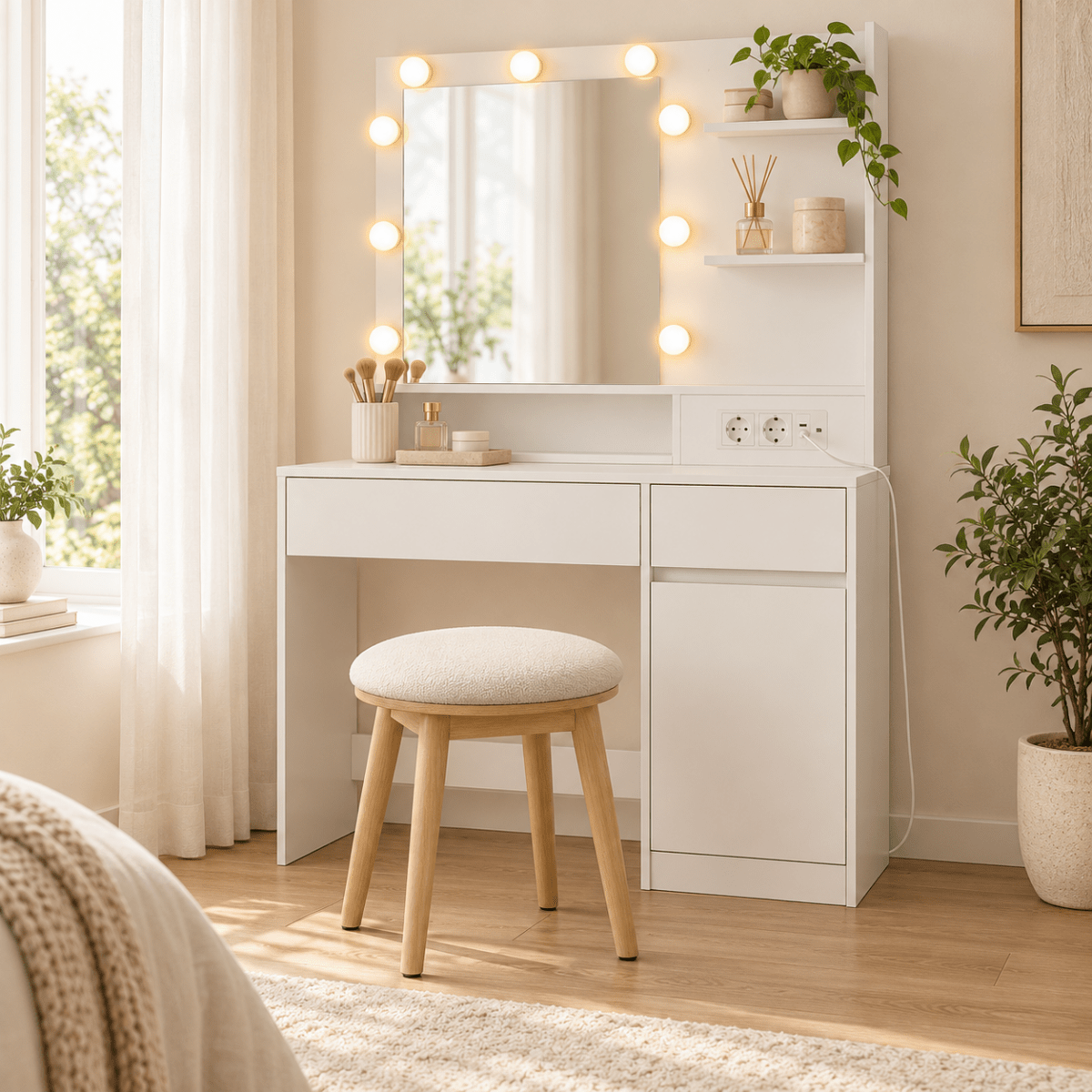 Schminkhocker Fiona – mit Bouclé-Bezug und Holzbeinen - nestful