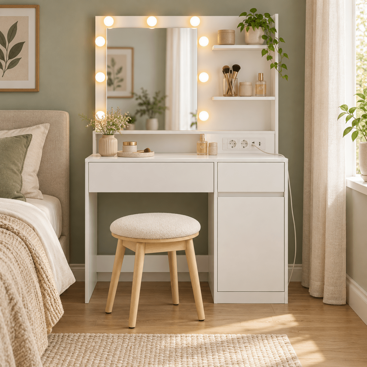 Schminkhocker Fiona – mit Bouclé-Bezug und Holzbeinen - nestful