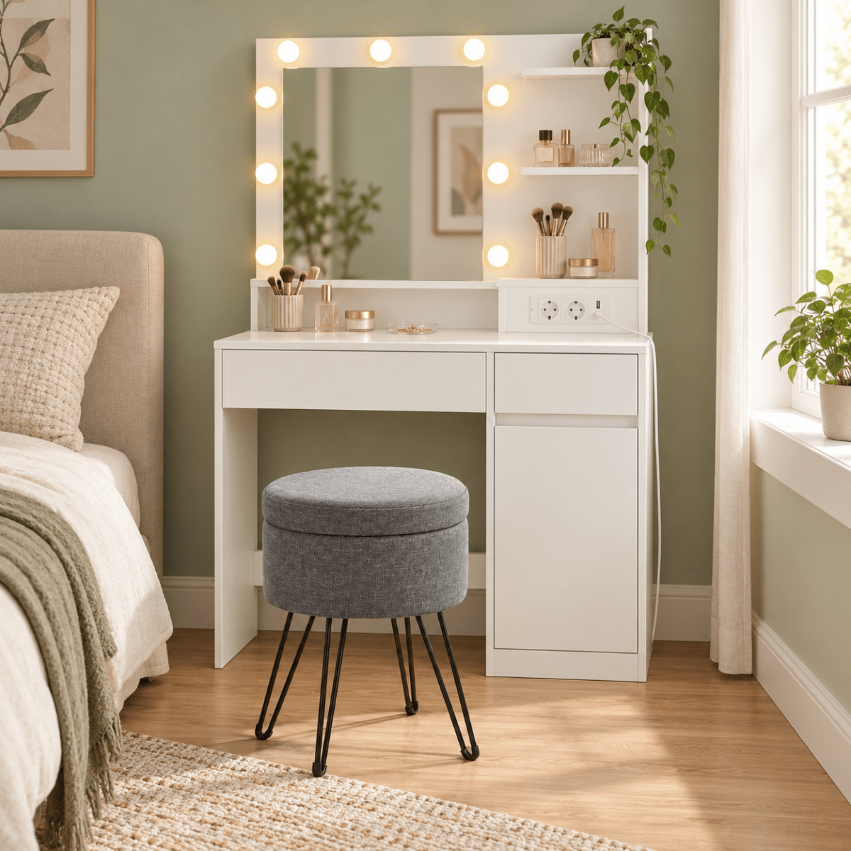 Schminkhocker Greta – mit Stauraum, rund und kompakt - nestful