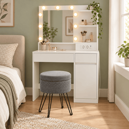 Schminkhocker Greta – mit Stauraum, rund und kompakt - nestful