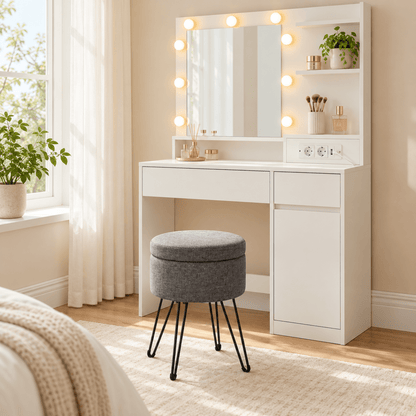 Schminkhocker Greta – mit Stauraum, rund und kompakt - nestful