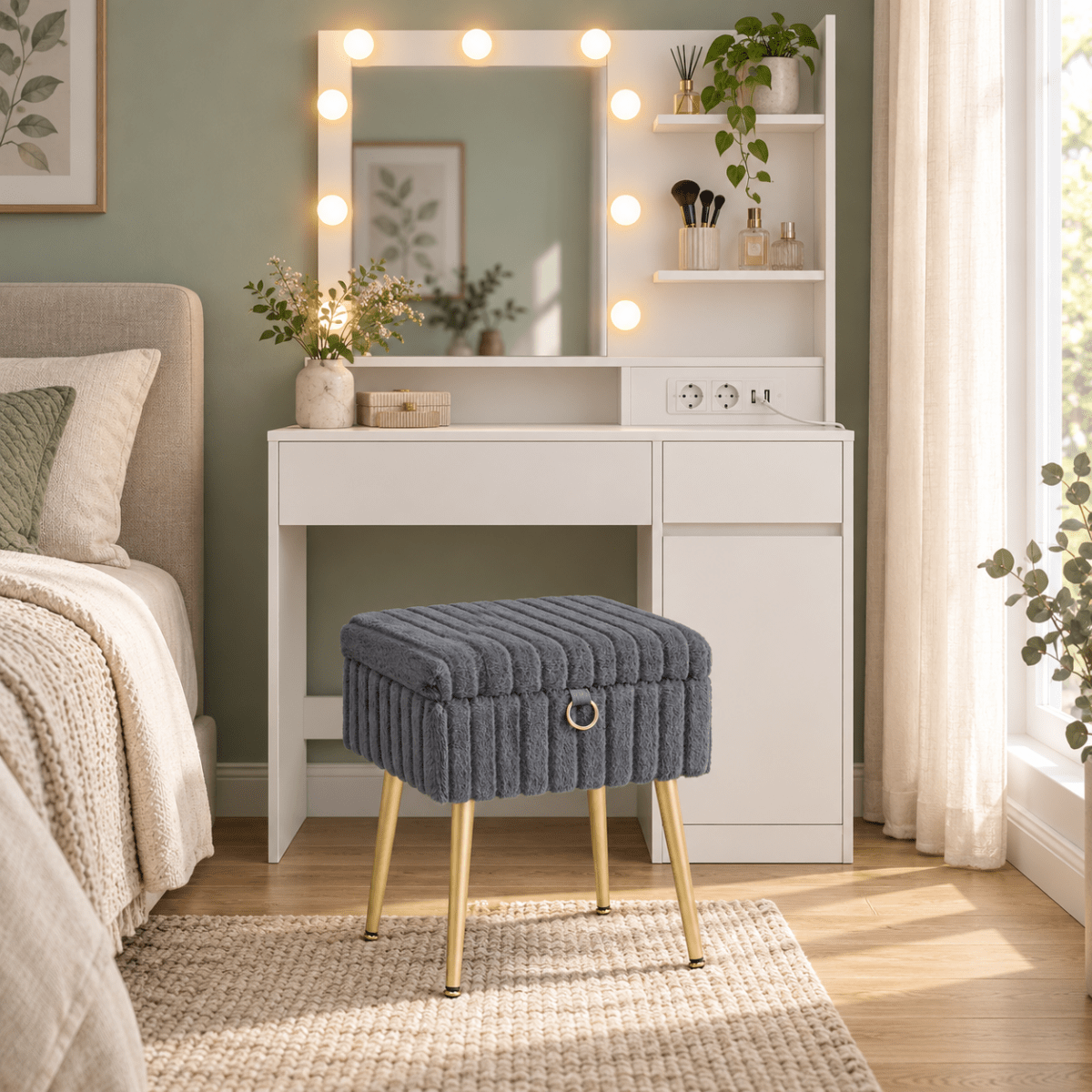 Schminkhocker Kiara – mit Stauraum und Metallbeinen - nestful