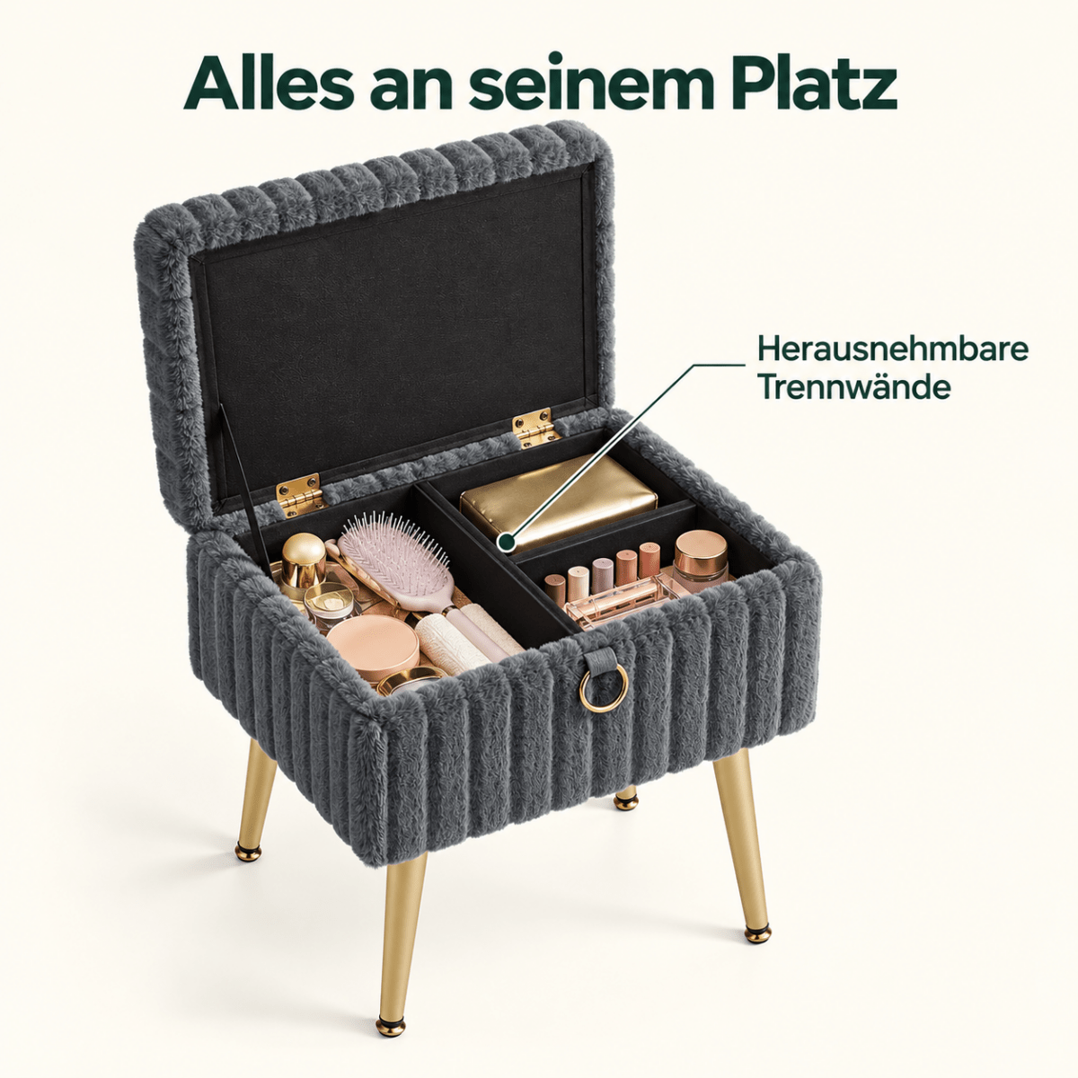 Schminkhocker Kiara – mit Stauraum und Metallbeinen - nestful
