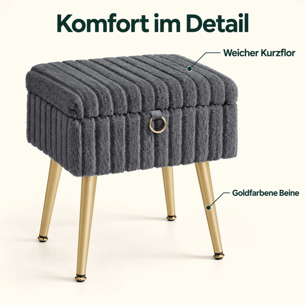 Schminkhocker Kiara – mit Stauraum und Metallbeinen - nestful