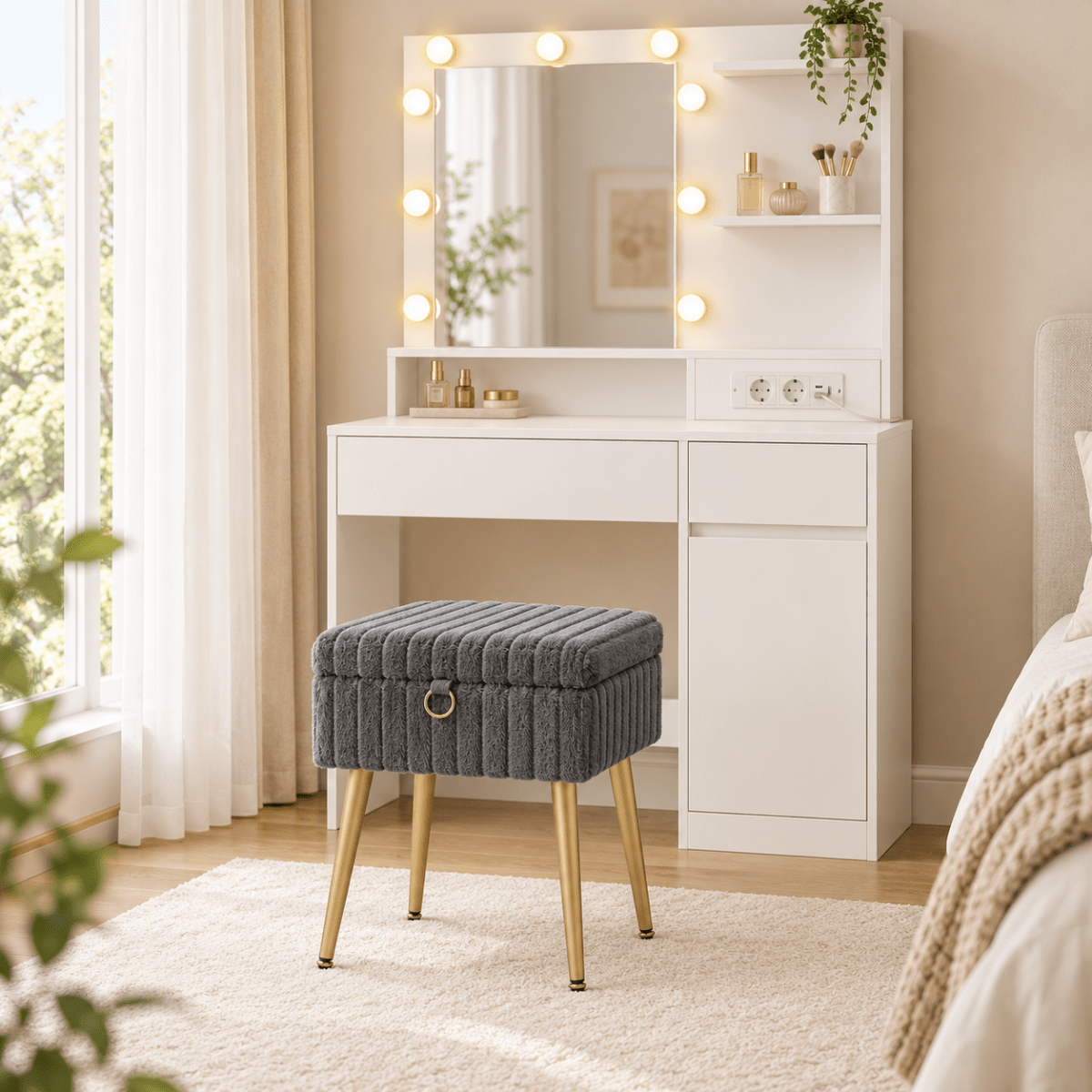 Schminkhocker Kiara – mit Stauraum und Metallbeinen - nestful