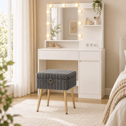 Schminkhocker Kiara – mit Stauraum und Metallbeinen - nestful