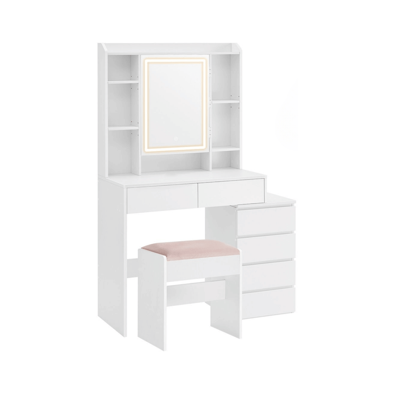 Schminktisch - Clara - in Wolkenweiß mit LED - Beleuchtung & Hocker - nestful
