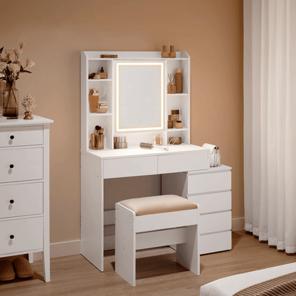 Schminktisch - Clara - in Wolkenweiß mit LED - Beleuchtung & Hocker - nestful