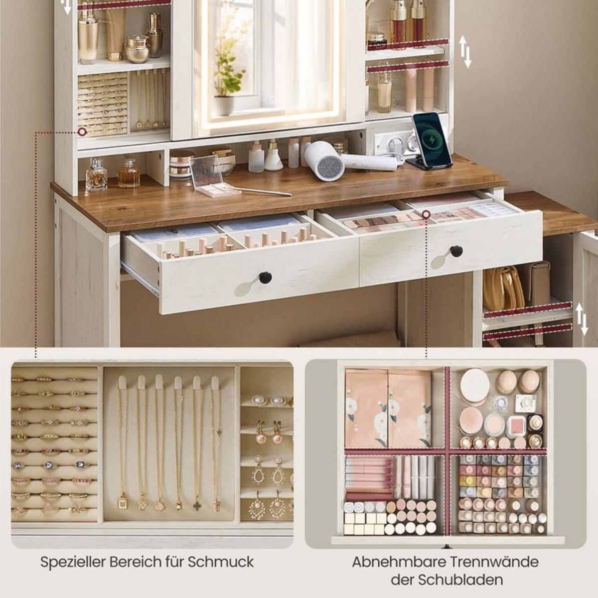 Schminktisch - Elise - in Weiß mit Spiegel, Licht & Hocker - nestful