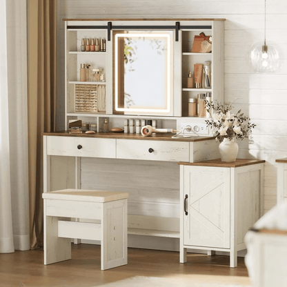 Schminktisch - Elise - in Weiß mit Spiegel, Licht & Hocker - nestful