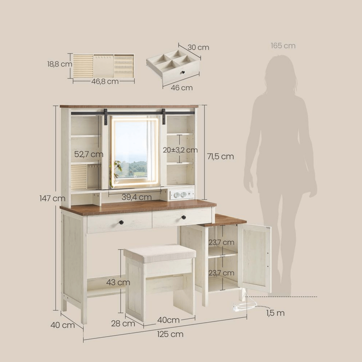 Schminktisch - Elise - in Weiß mit Spiegel, Licht & Hocker - nestful