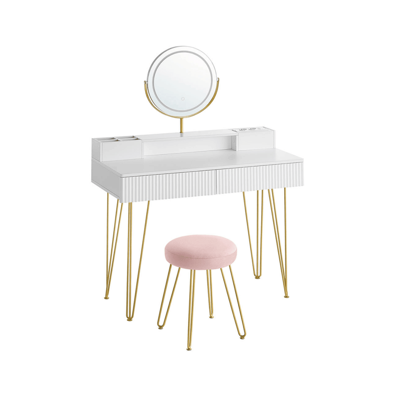 Schminktisch - Elodie - in Weiß mit Spiegel, Licht & Hocker - nestful