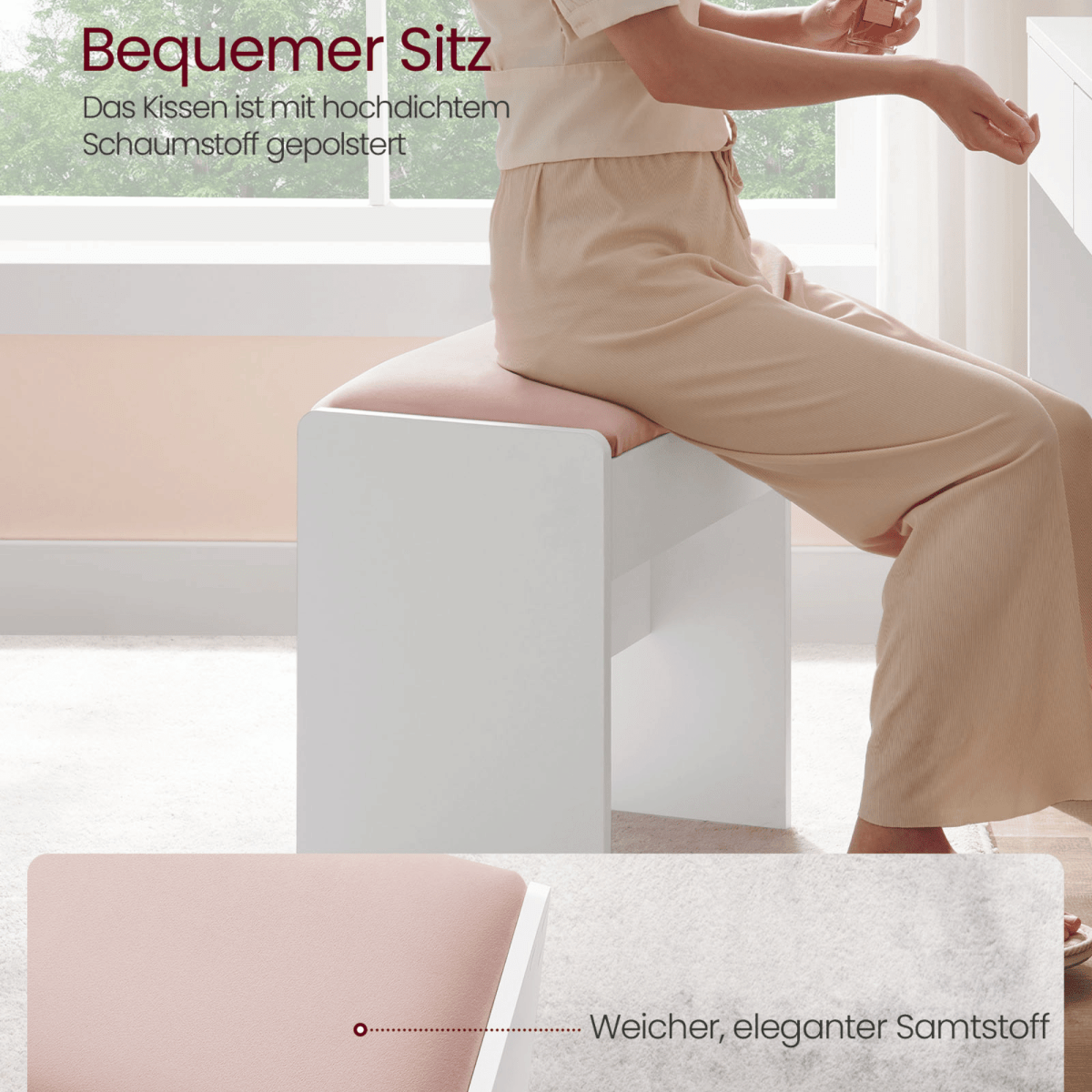 Schminktisch Hocker - Jolie - aus Samt, mattweiß & pastellrosa - nestful