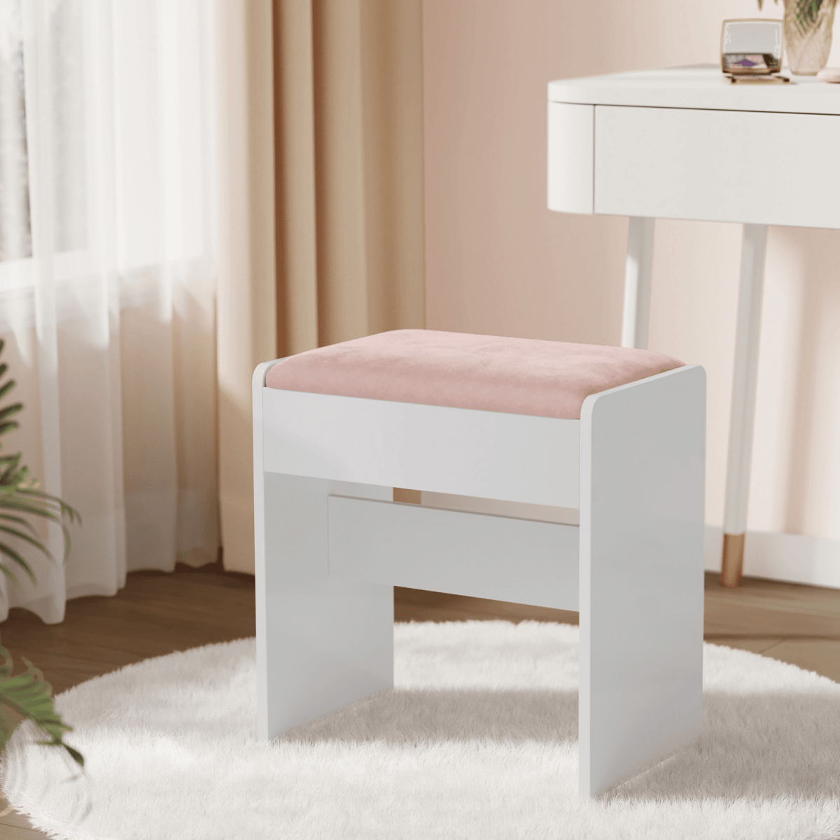 Schminktisch Hocker - Jolie - aus Samt, mattweiß & pastellrosa - nestful