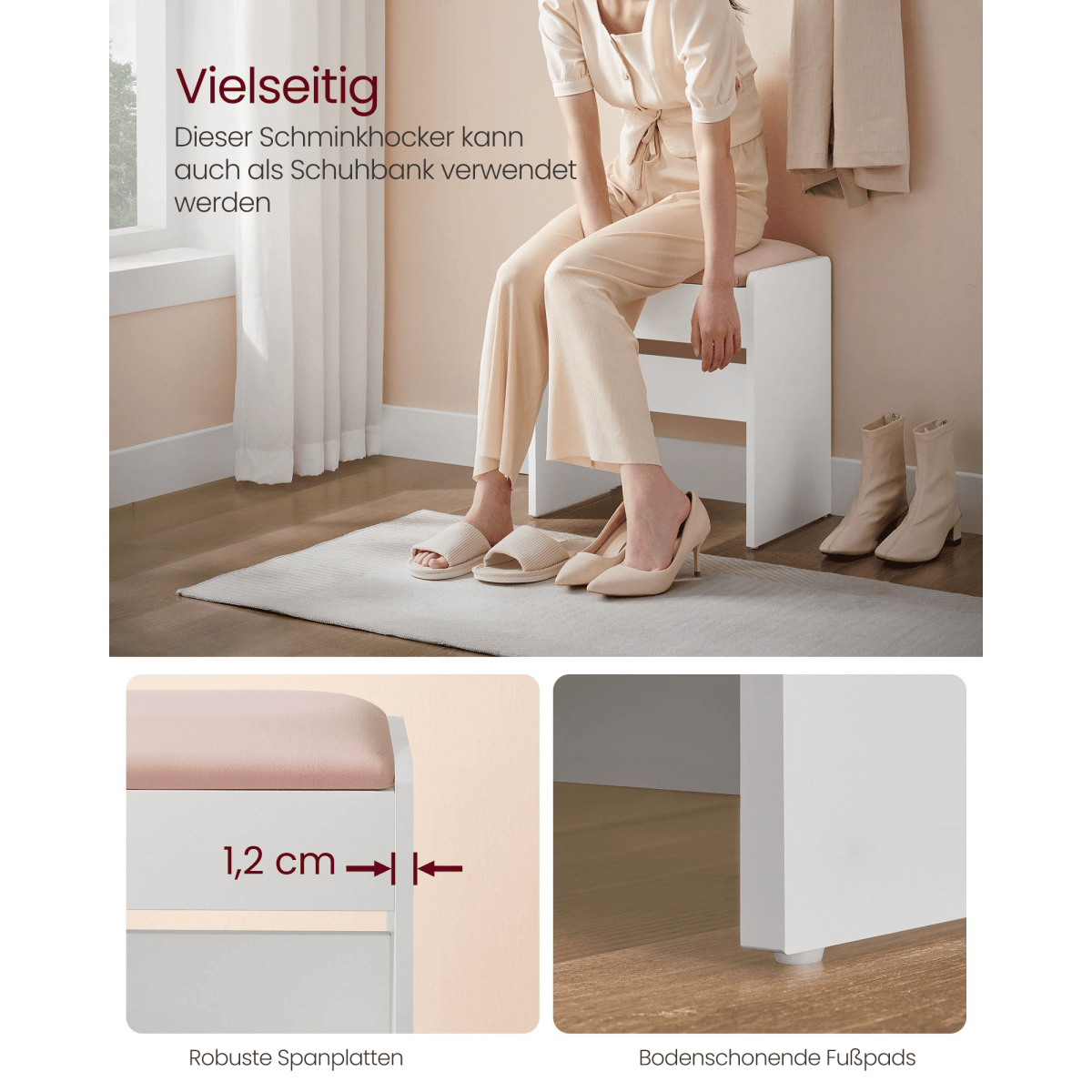 Schminktisch Hocker - Jolie - aus Samt, mattweiß & pastellrosa - nestful