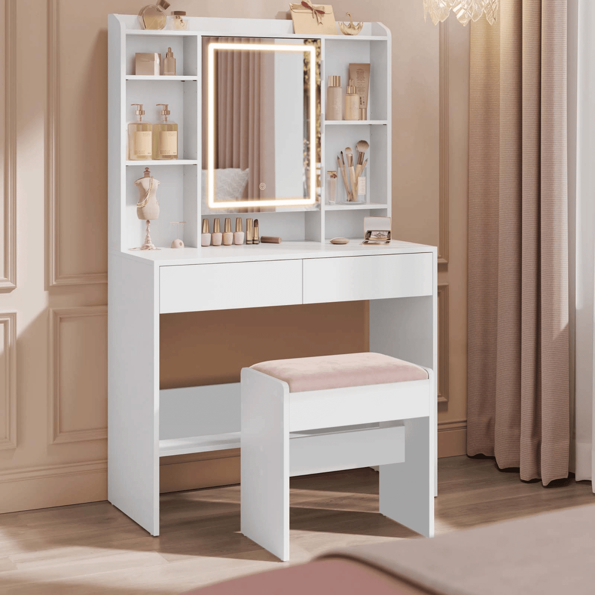 Schminktisch Hocker - Jolie - aus Samt, mattweiß & pastellrosa - nestful