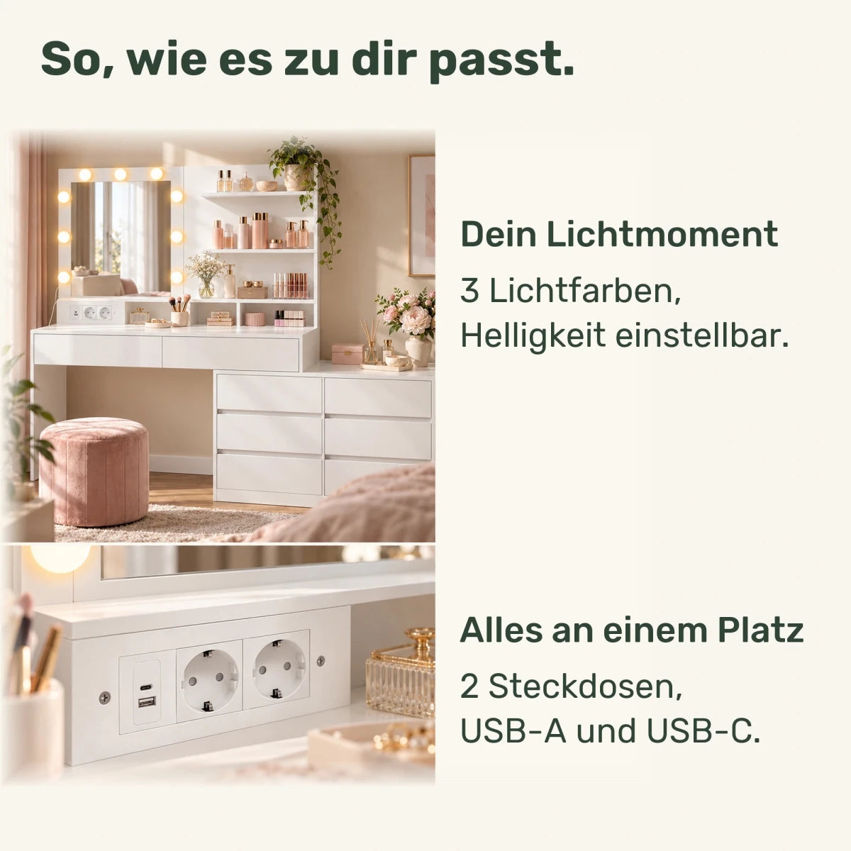 Schminktisch in L-Form mit Beleuchtung und Kommode Selma - nestful
