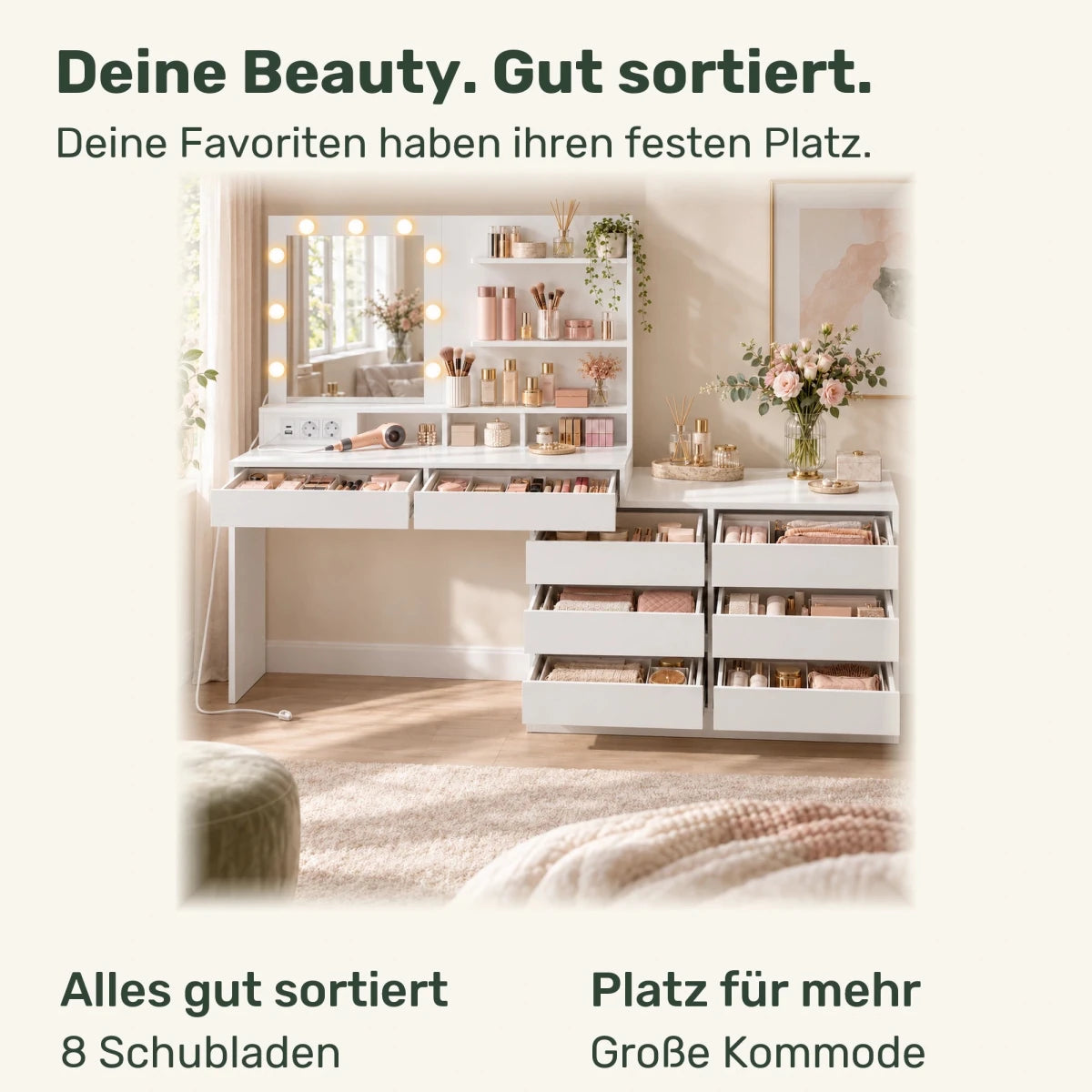 Schminktisch in L-Form mit Beleuchtung und Kommode Selma - nestful