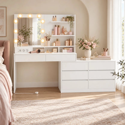 Schminktisch in L-Form mit Beleuchtung und Kommode Selma - nestful