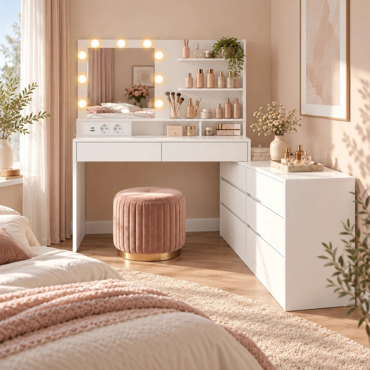 Schminktisch in L-Form mit Beleuchtung und Kommode Selma - nestful