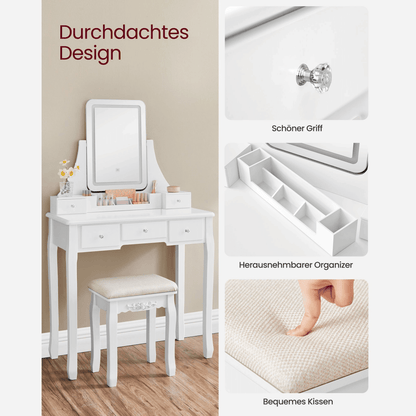 Schminktisch - Luna - in Weiß mit LED - Beleuchtung & Hocker - nestful
