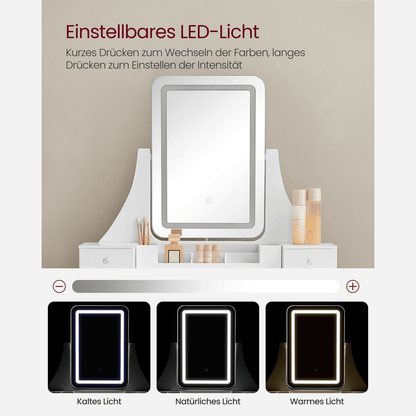 Schminktisch - Luna - in Weiß mit LED - Beleuchtung & Hocker - nestful