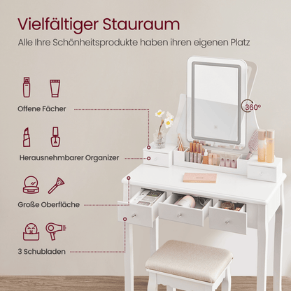 Schminktisch - Luna - in Weiß mit LED - Beleuchtung & Hocker - nestful