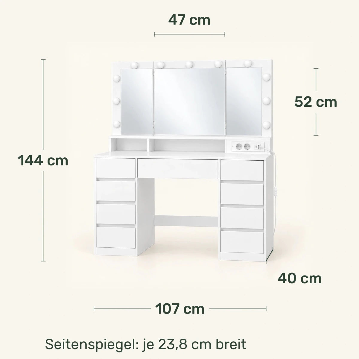 Schminktisch mit beleuchtetem Dreifachspiegel und 9 Schubladen Viola - nestful