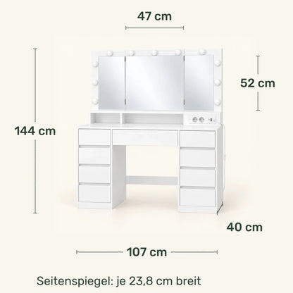 Schminktisch mit beleuchtetem Dreifachspiegel und 9 Schubladen Viola - nestful