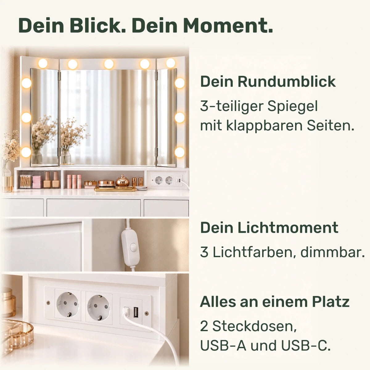 Schminktisch mit beleuchtetem Dreifachspiegel und 9 Schubladen Viola - nestful