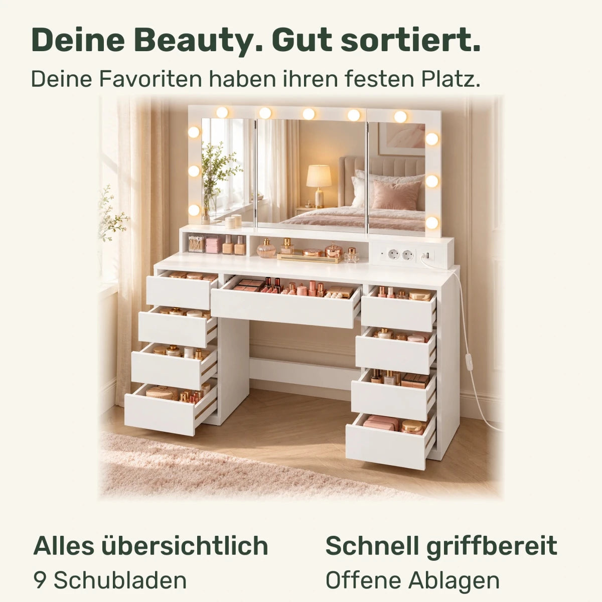 Schminktisch mit beleuchtetem Dreifachspiegel und 9 Schubladen Viola - nestful