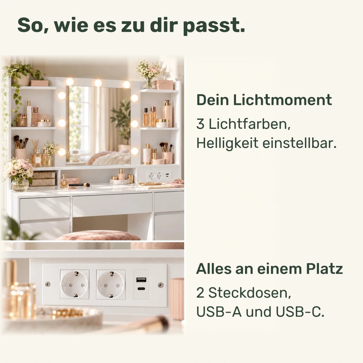Schminktisch mit beleuchtetem Spiegel und 2 Schränken Amira - nestful
