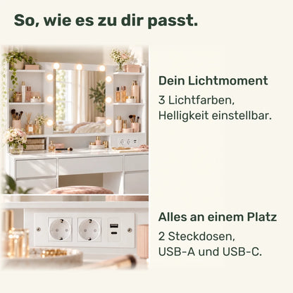 Schminktisch mit beleuchtetem Spiegel und 2 Schränken Amira - nestful