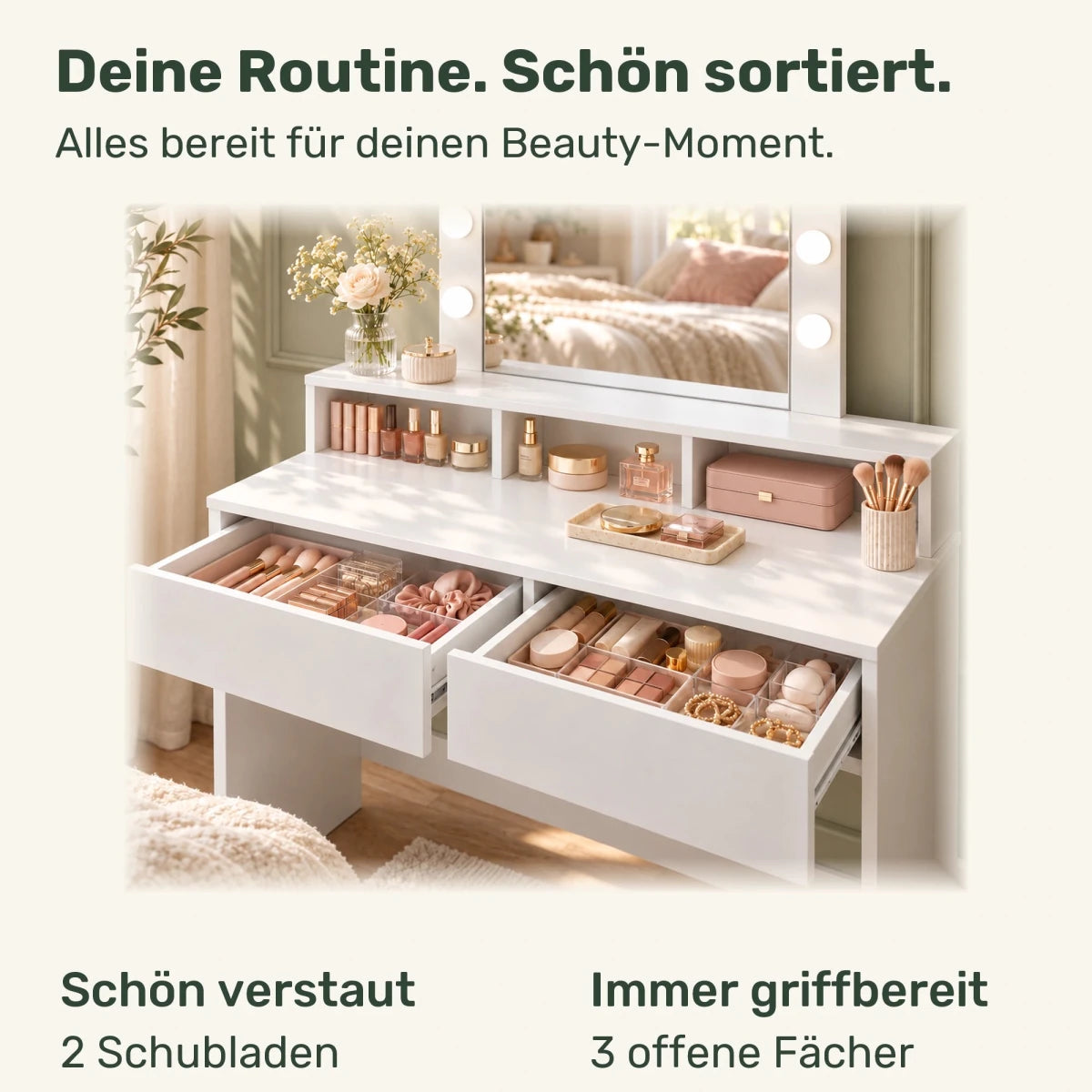 Schminktisch mit beleuchtetem Spiegel und 2 Schubladen Alva – 80 / 100 cm - nestful