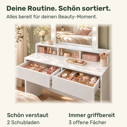 Schminktisch mit beleuchtetem Spiegel und 2 Schubladen Alva – 80 / 100 cm - nestful